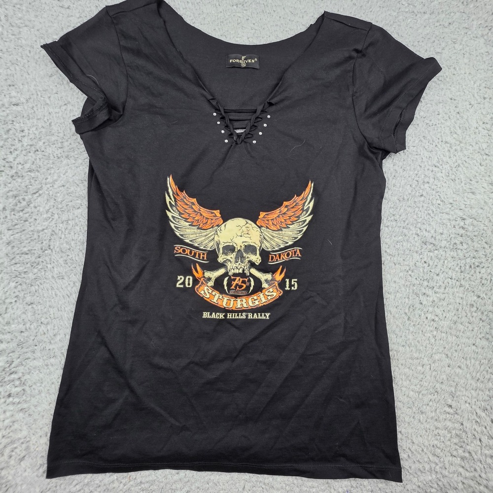 Forgiven Graphic T-Shirt Womens XL Black Sturgis 75th Anniversary Lace Up‎ Skull